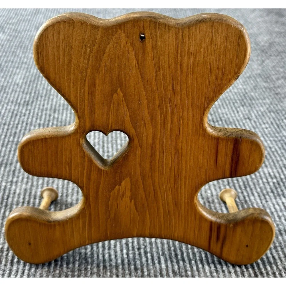 Vintage Wood Teddy Bear Wall Hook Rack Heart Cutout Nursery Decor Granny Cottage